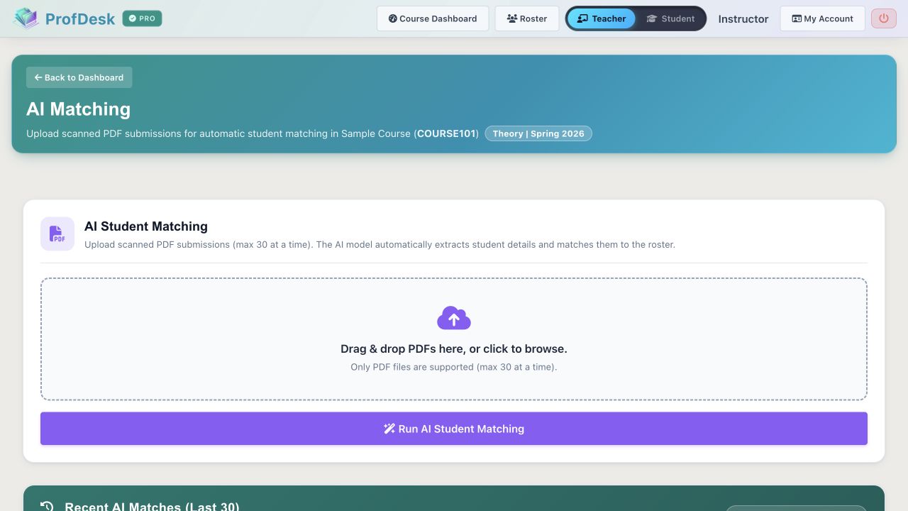 ProfDesk AI Student Matching upload and results screen