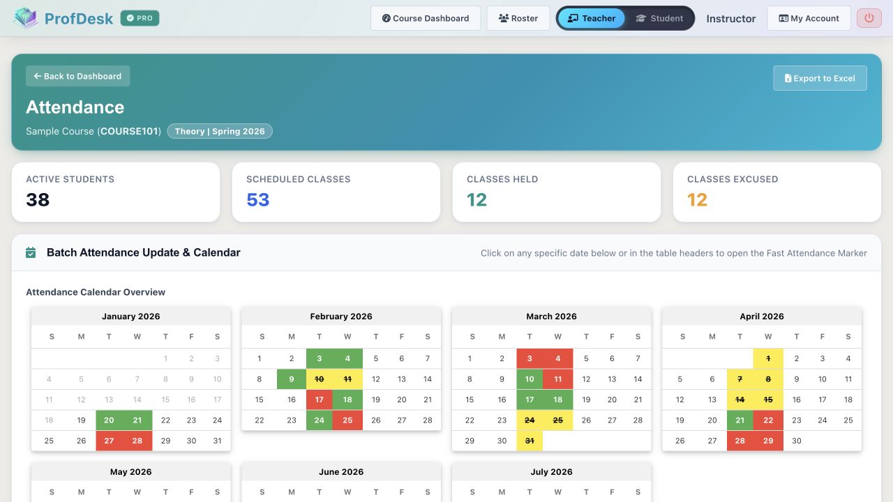 ProfDesk attendance calendar with summary cards