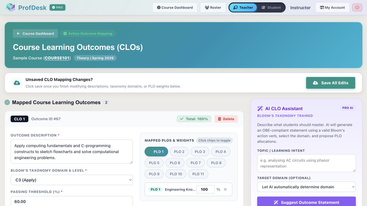 ProfDesk CLO Manager with AI CLO Assistant and PLO mapping