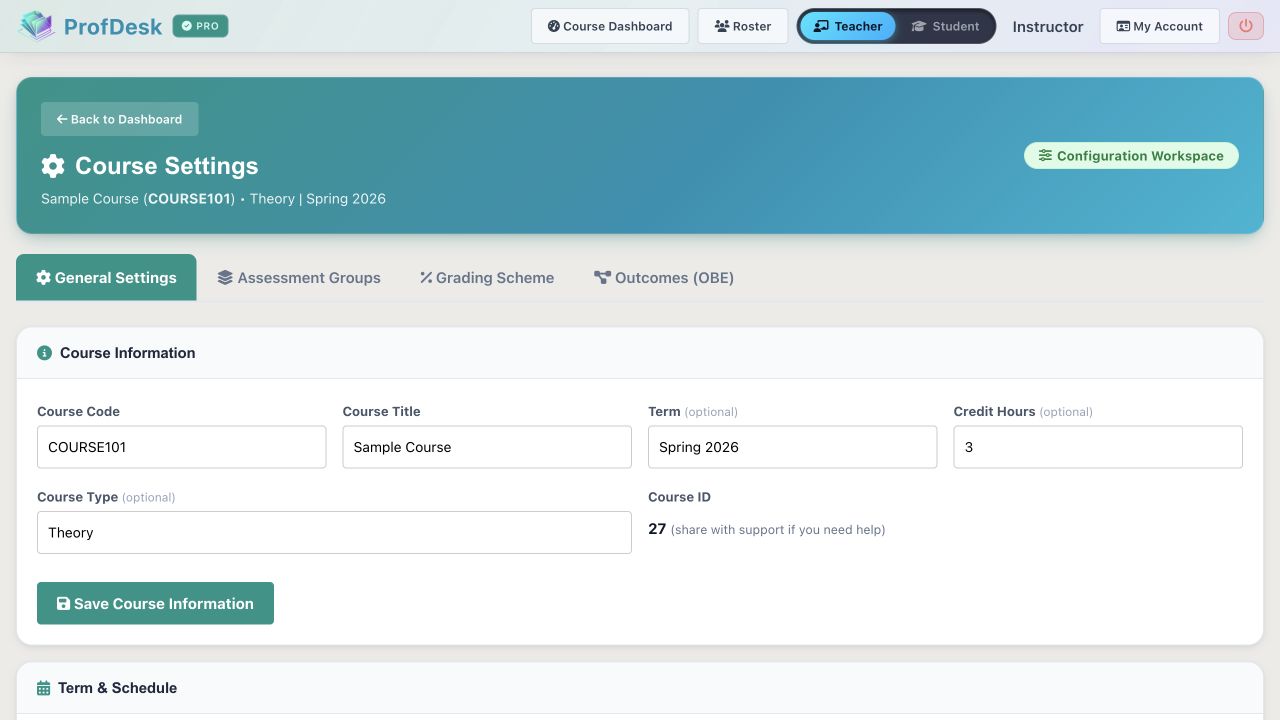 ProfDesk General Settings tab