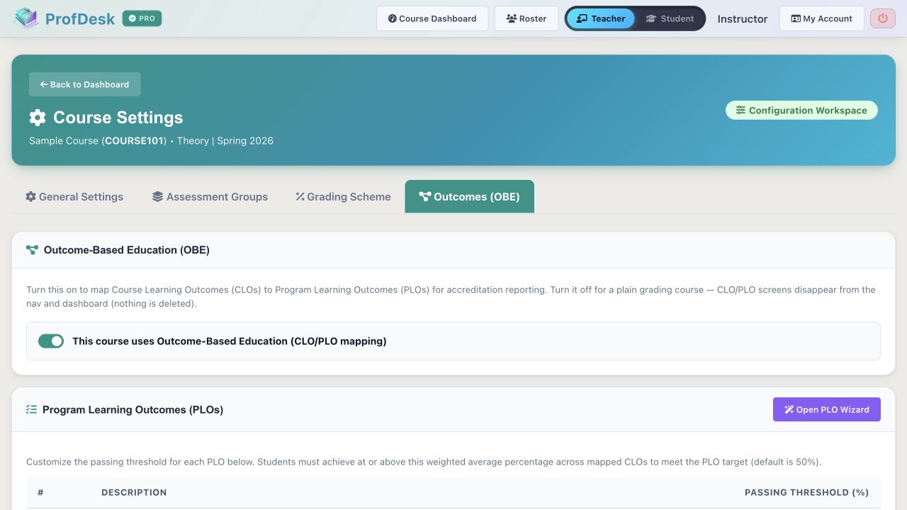 ProfDesk Outcomes (OBE) settings tab