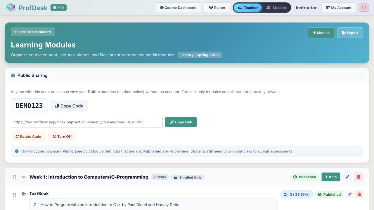 ProfDesk learning modules builder with drag-and-drop items