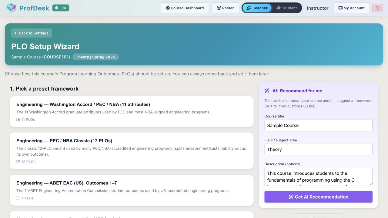 PLO Setup Wizard Step 1 framework picker