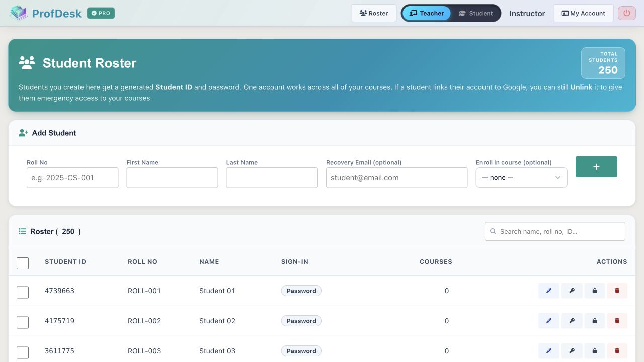 ProfDesk Roster with student search and account actions